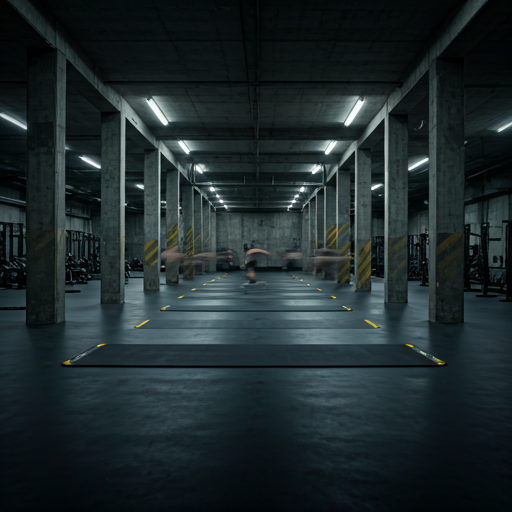 Interior brutalista da AXION com iluminação cinematográfica